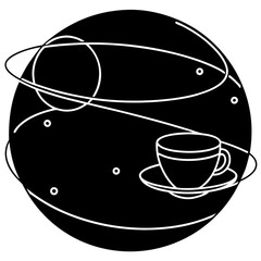 Minimilist a cup of coffee on a saucer in front of a planet with rings and a satellite in black and white style vector
