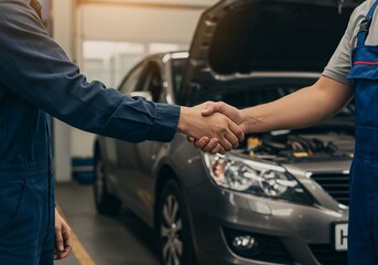 Two people shaking hands in front of a car with the hood open, symbolizing a business agreement.