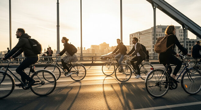 Diverse group cycling across an urban bridge at golden hour. Healthy commute, sustainable city transport, and active lifestyle at sunset. - Powered by Adobe