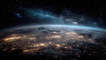 Fototapeta premium Earth at night, seen from space. Vast expanse of a starry night sky with the Milky Way. Earth's continents and oceans, highlighted by the glow of city lights