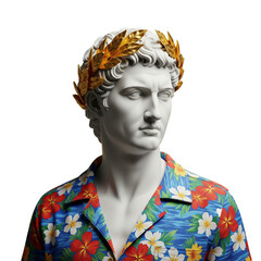 Classical white marble bust wearing a golden laurel wreath and vibrant floral Hawaiian shirt against a dark background
