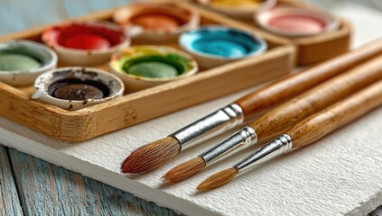 Obraz premium Watercolor paints and brushes on a wooden surface. Close-up of paint containers and paintbrushes arranged on a light-colored, textured surface, likely paper. 