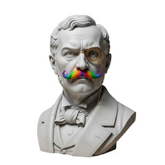Classical bust sculpture of a suit-clad man with monocle and vibrant rainbow-colored mustache blending traditional and modern elements