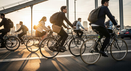 Diverse group of commuters cycling bicycles on an urban bridge at sunrise or sunset, promoting healthy city living and sustainable transport.
