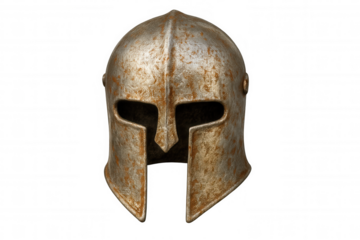 Close-up of an aged spartan helmet, showing signs of wear and tear, set against a transparent background