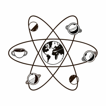 Minimilist atom like structure with a globe at the center and coffee cups as orbiting electrons illustration vector