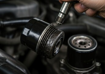 Close-up shot of a hand holding an oil filter during engine maintenance.