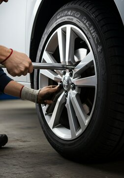A mechanic is tightening the lug nuts on a car wheel with a torque wrench, ensuring proper installation.