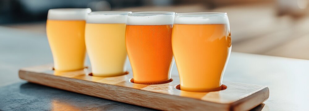 Stylish beer tasting flight featuring colorful craft beers at a local brewery in the afternoon sun
