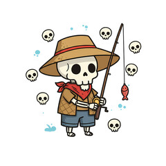 Cartoon Skeleton Fish Fisherman Wearing Straw Hat Red Scarf Holding Fishing Rod