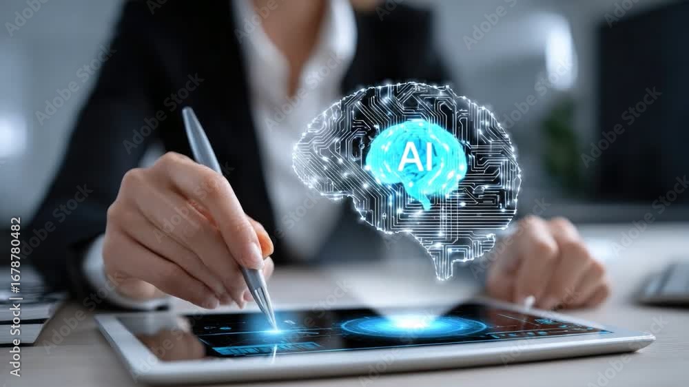 Aufkleber a professional using a tablet to interact with advanced ai technology, showcasing innovation and mod