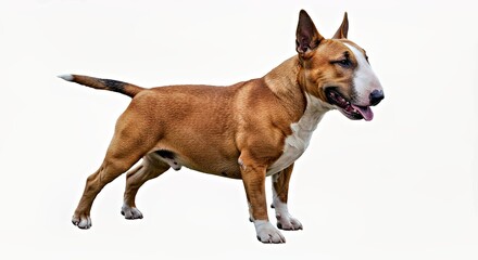 Bull Terrier with a distinctive oval head on a white backdrop