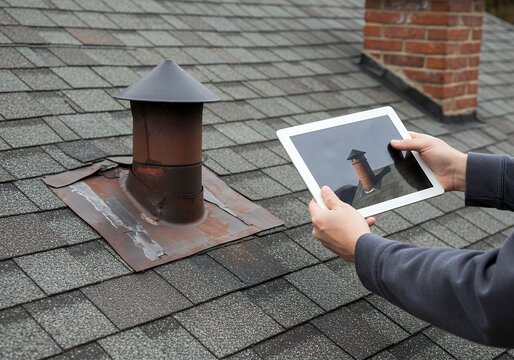 A professional roofer or home inspector uses a tablet to photograph a rusty chimney vent and flashing on an asphalt shingle roof for documentation.