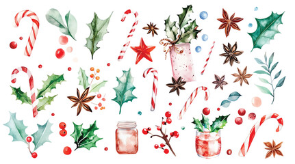 Christmas watercolor decor illustrations holly leaves and berries, spices, Candy cane for party winter New Year holiday greeting card