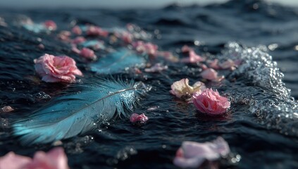 Delicate feathers and rose petals on dark water