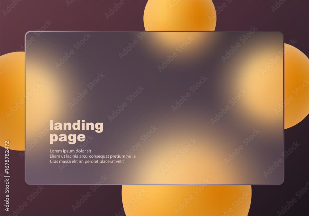 Poster modern landing page template featuring a transparent glass panel with soft orange glowing spheres on