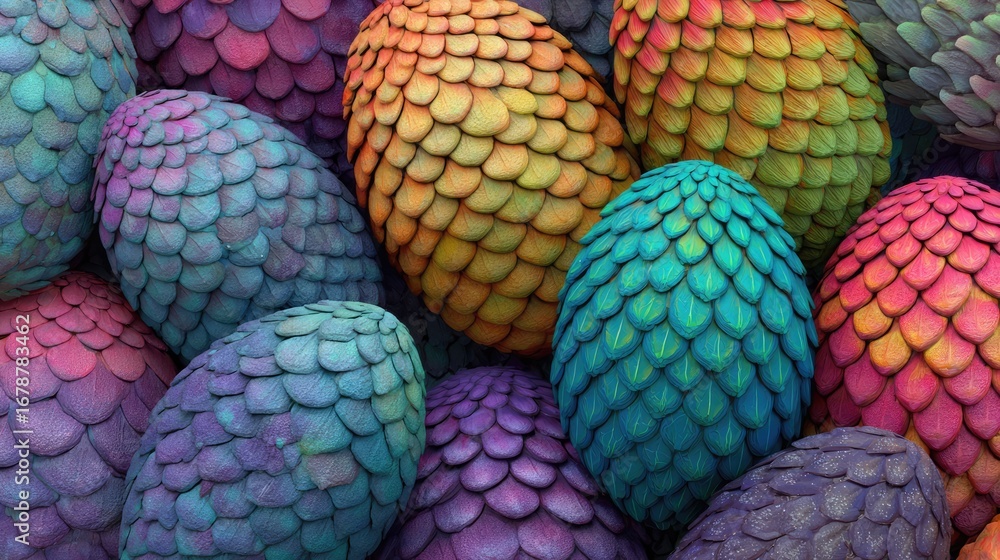 Poster A cluster of colorful eggs with a scaly texture and a stunning variety of colors, creating a mesmerizing and unique visual