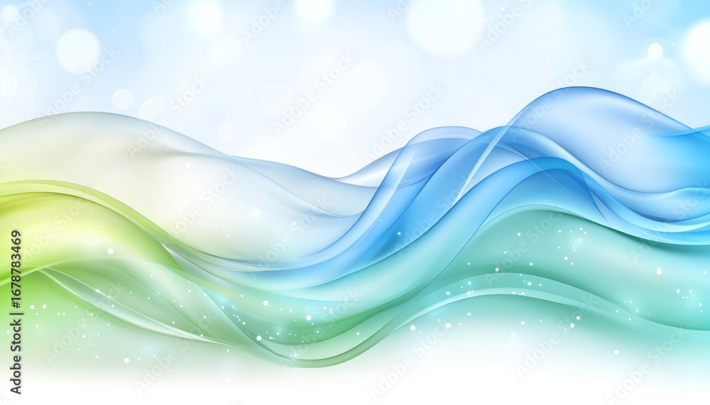 Poster abstract blue and green waves gradient background with glowing particles and elegant bokeh effects