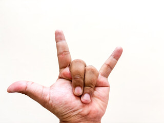 Rock and Roll sign hand gesture demonstrating heavy metal rock music culture with raised fingers on...