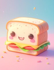 3D render of a sandwich with kawaii faces, done in toon shading