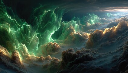 Obraz premium Vast, ethereal cloudscape with vibrant green luminescence