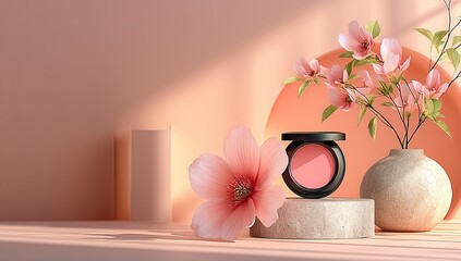 Blush cosmetic product display, peachy tones