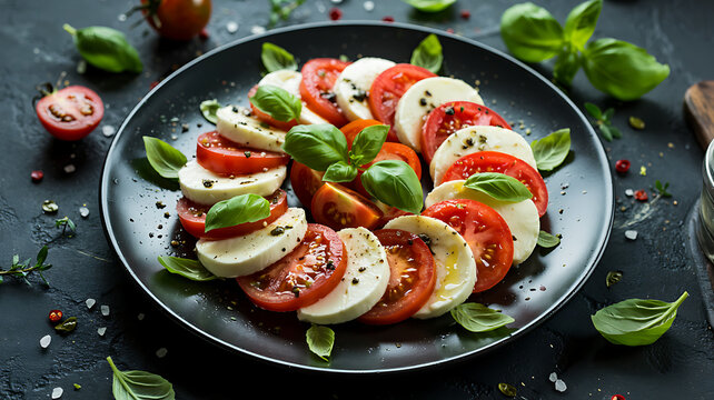 A gourmet healthy salad with fresh tomatoes, green lettuce, and white cheese is on a plate