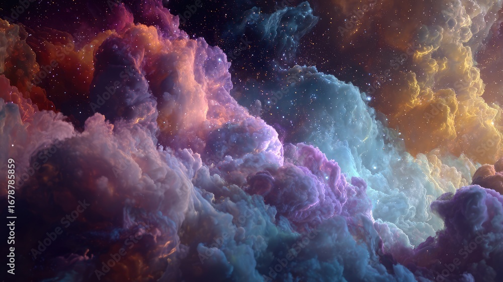 Poster an ethereal cloudscape with mesmerizing colors, evoking a sense of wonder and boundless imagination.