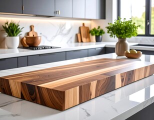 Modern kitchen island with a wooden cutting board