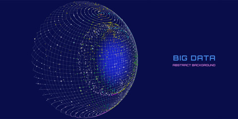Abstract futuristic data massiv with sphere in sphere from grid connecting color circles on dark. Sphere  in sphere data. Concept visualization for technology, analytics and science.