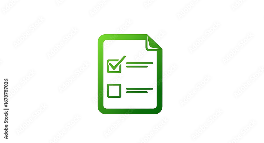 Poster a green checklist icon on a white background showing a document with a checkmark and an empty box ai