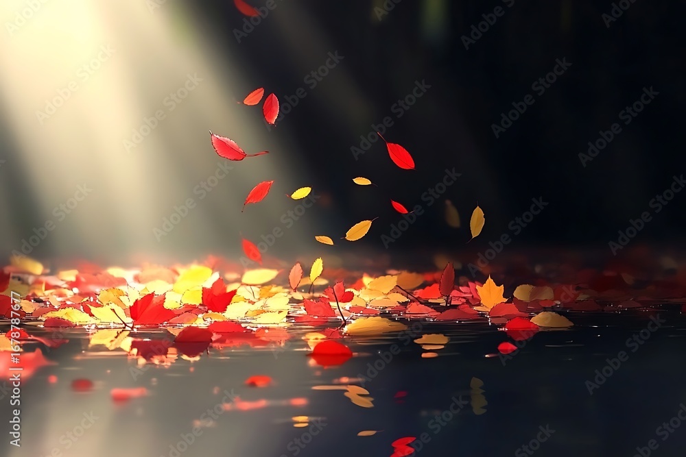 Poster golden and red leaves floating on a calm pond surface in soft light