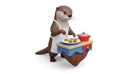 3d Cute otter wearing apron cooking food on a small table, isolated on white background
