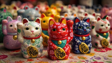 Fototapeta premium a close-up shot of multiple, colorful cat figurines, each raising a paw