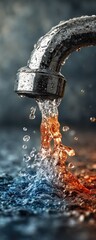 Water pouring from a faucet, showing a mix of colors and splashing water