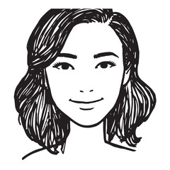 Beautiful Woman Doodle Black and White Illustration Fashion Girl Portrait Line Art Sketch Vector