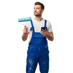 painter looking up with a cellphone on Isolated transparent background png. generated with AI