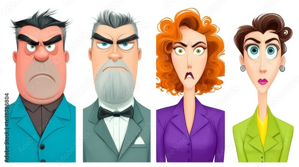 Poster group of four cartoon characters displaying various expressions of anger and frustration, showcasing