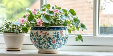 Two potted plants sit on a windowsill, bathed in natural light from a window. A large, ornate ceramic pot with a blue and white floral pattern holds a vibrant plant with pink and green leaves.