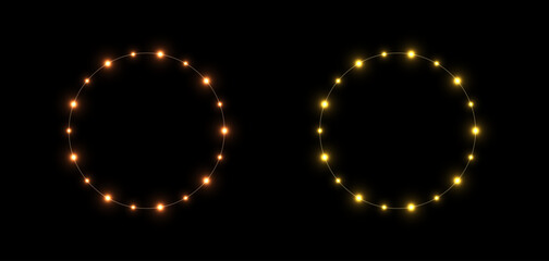 Collection PNG Gold LED garlands on transparent backgrounds. Festive decorative design for Christmas, New Year, and holiday themes. Vector illustration of LED garlands. Web Banners design.