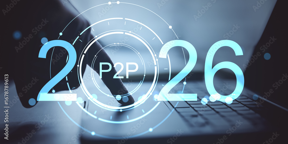 Poster 2026 p2p digital interface over laptop keyboard with futuristic finance network concept and neon ove