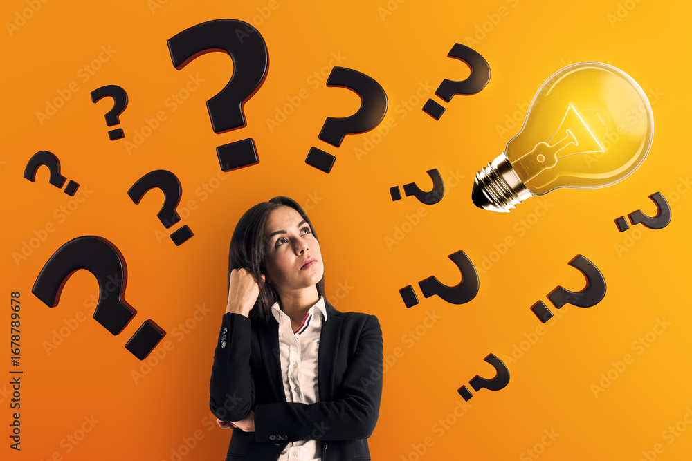 Poster thoughtful businesswoman surrounded by question marks with glowing lightbulb on orange background re