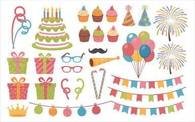Birthday Party Celebration Elements Collection With Cake Balloons Gifts And Fireworks cupcakes