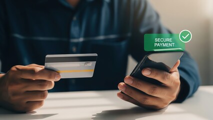 Man hands holding credit card and smartphone with secure payment text and notification checkmark, payment successful overlay, digital wallet and transaction security