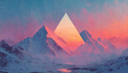 A stylized mountain landscape.  A vibrant triangle graphic overlays snow-capped peaks, bathed in sunset hues