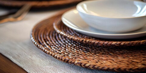 A close-up shot of a rustic table setting featuring a woven placemat, a stack of white ceramic plates, and a small white bowl. The lighting is dark and moody, highlighting the textures of the material