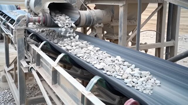 High Angle View of Barite Ore Processing Conveyor Belt System with White and Gray Rocks and Industrial Machinery Under Overcast Sky Perfect for Industrial and Mining Concept