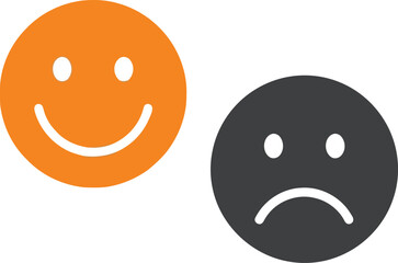 Happy sad emotion contrast orange smiley face vs gloomy frowning icon concept vector