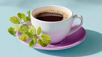 Coffee cup filled with dark brew sits on a vibrant purple saucer, accompanied by fresh green leaves, creating a visually appealing scene that highlights the essence of relaxation and enjoyment