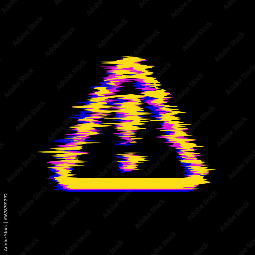 Poster glitch alert sign. attention warning danger yellow triangle with exclamation mark distorted by digit